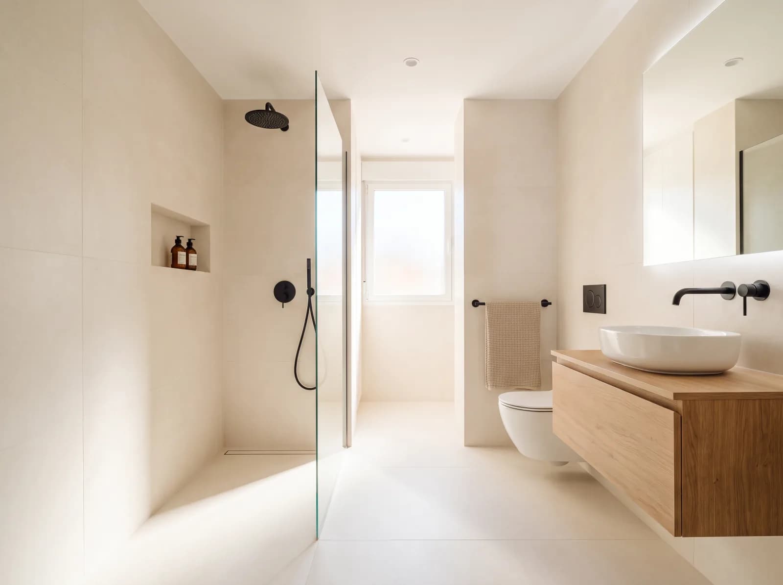 Baño reformado en Triana con ducha de obra sin plato, mampara fija de cristal, grifería negra y mueble suspendido de roble por Vega Home