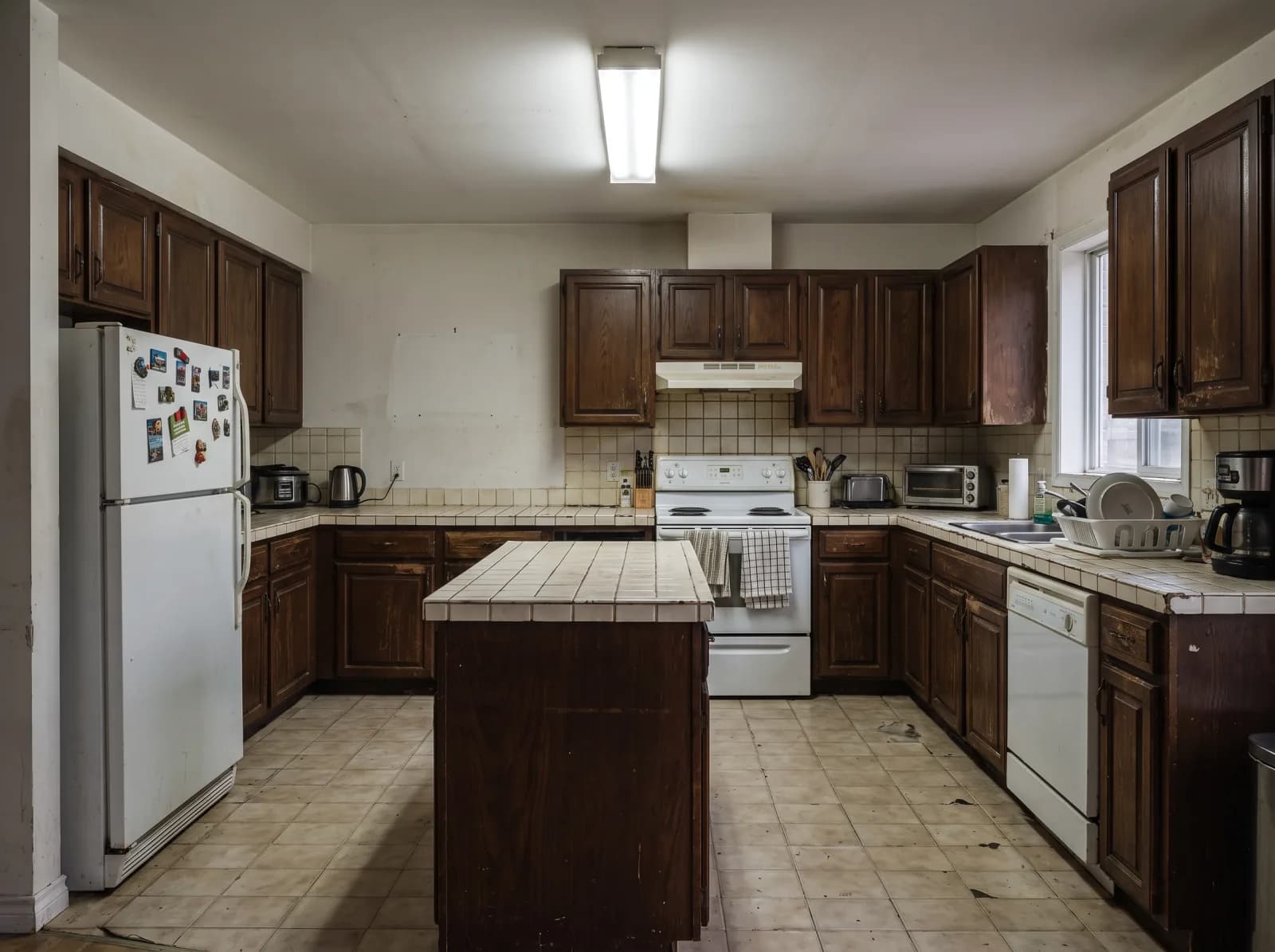 Cocina antigua antes de la reforma en piso de Nervión, Sevilla — muebles marrones de los 80, encimera cerámica desgastada