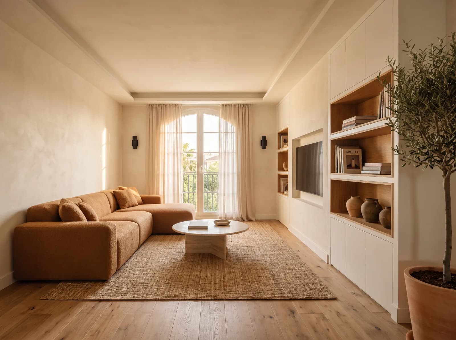 Salón reformado en Mairena del Aljarafe con sofá modular boucle coñac, mesa travertino, suelo de roble y estilo mediterráneo contemporáneo por Vega Home